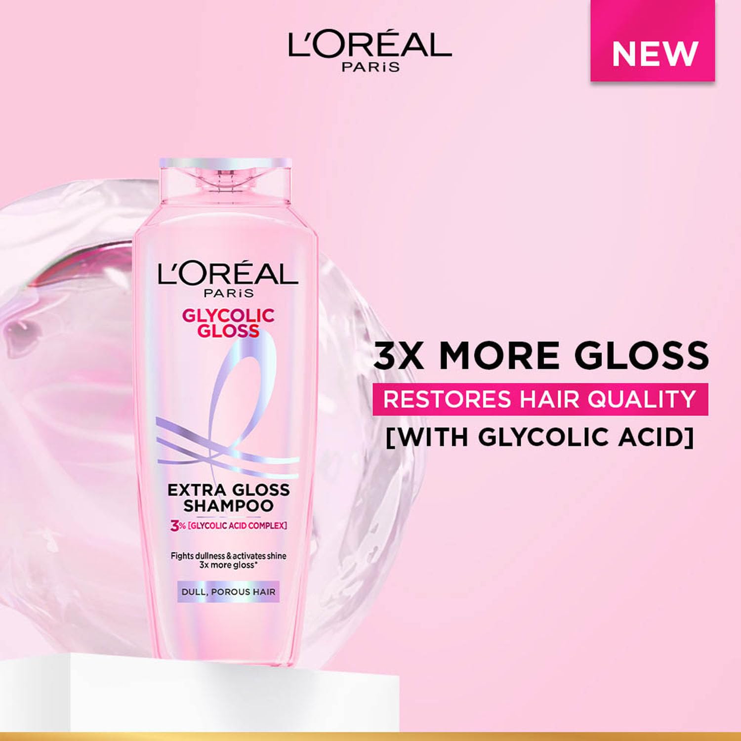 L'Oreal Paris Glycolic Gloss Shine Boosting Shampoo, Powered By 3% Glycolic Acid, For Dull Hair, Restores Hair Quality Gives 3X More Gloss, 200Ml
